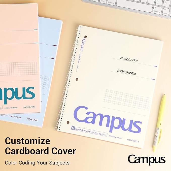 KOKUYO Spiral Notebook with 5x5 Graph Paper, 3 Pack Campus 10-1/2" x 8" Subject Notebooks, 80 Sheets, Light Pink Blue Off-White 3 Holes School Spiral Journal for Study Planner Drawing (WSG-SU-400G4×3) (Paper)