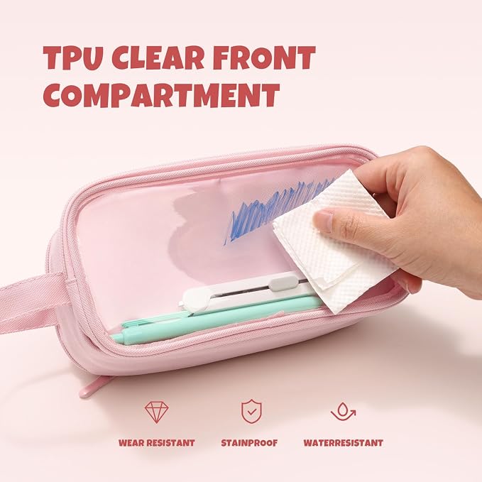 SUNEE Large Capacity Pencil Case with 3 Compartment, Extra Big Pencil Pouch, Pencil Bag with Clear Window, Pen Case School Supplies for Teens Adults Girls,Pink