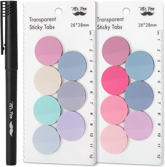 Mr. Pen- Round Transparent Sticky Notes, 1.1” Diameter, 14 Pads, 560 Sheets, Colorful, Water-Resistant See-Through Sticky Notes & Fineliner, Smooth Writing, Note Tabs for Bible Journaling, Studying