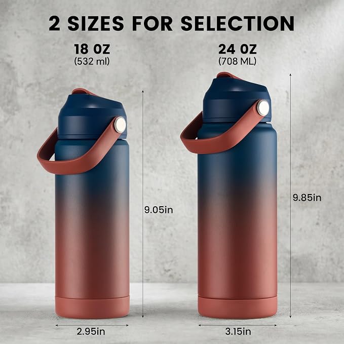 Fijinhom 24 oz Insulated Water Bottle with Straw Lid, Stainless Steel Water Bottles, Double Wall Vacuum, Portable Handle & Non-slip Bottom, BPA Free Leak Proof Metal Bottles, Keep Cold 24H, Blue/Red