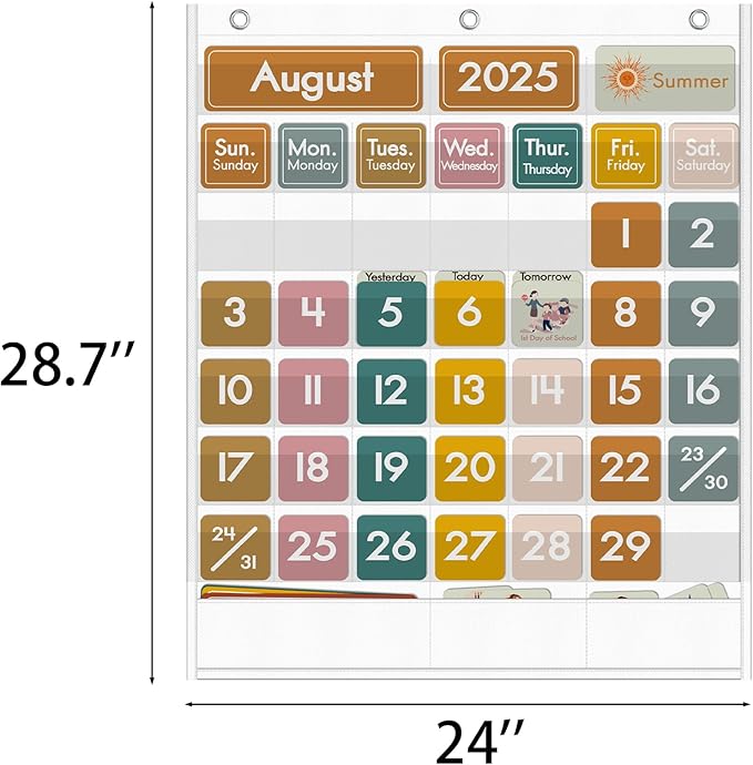 48 Pockets Classroom Calendar for Kids Learning, Pocket Chart Calendar Decor with Special Educational Cards, Teacher and Classroom Must Have Supplies, Boho