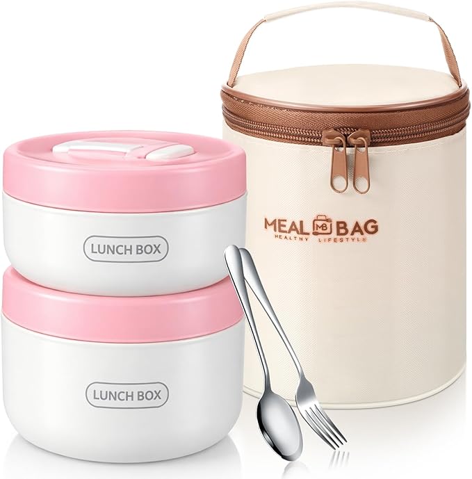 Dandat 2 Pcs Portable Insulated Lunch Containers Thermal Bento Box with Bag Fork Knife Microwavable Stainless Steel Lunch Box 15.2 oz 21 oz Separate Stackable Food Jar for Adult Men Women(Pink)