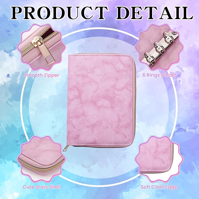 100 Sheets Gradient A5 Refill Papers for Planner Binder Insert with Pink Pu Leather Binder Cover, Refillable 6 Ring Binder Journal with 120GSM Thick Watercolor Notebook Fillers for Girls Women