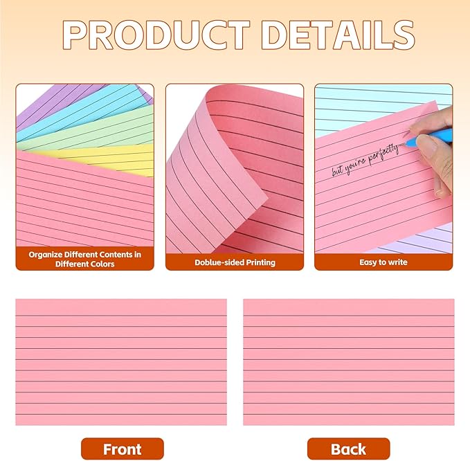 Tecmisse 3x5 Index Cards Colored, 120 PCS Ruled NoteC ards, Lined Flashcards, Colorful Flash Cards for Studying, Heavy Notecards for Office and School