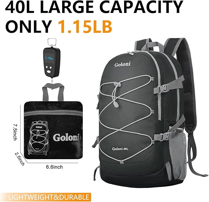 Goloni Ultra Lightweight Packable Backpack 40L - Foldable Hiking Backpack Water Resistant Small Foldable Daypack for Travel,Black