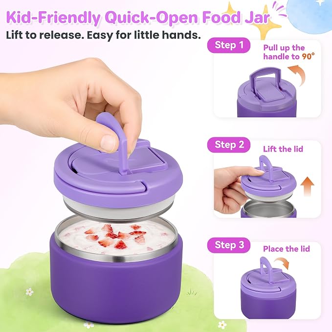 Bento Lunch Box with 8oz Soup Thermo,Kids Leakproof 4 Compartment Lunch Food Containers with Sauce Cup and Ice Pack,Kids Thermo Insulated Hot Food Jar and Lunch Bag for School,Trvael-Purple