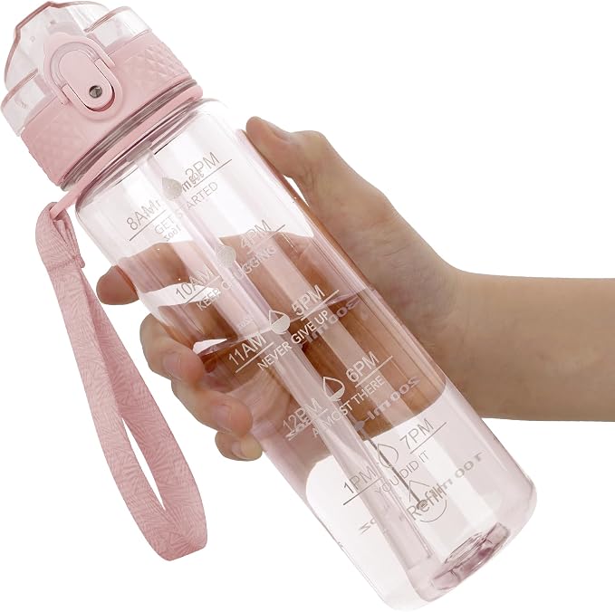 OLDLEY 17oz Kids Water Bottle, Tritan BPA-Free, Leakproof Flip Straw Lid, Motivational Time Marker, Carry Strap, Reusable Clear Water Bottle for Boys & Girls,Cherry Blossom