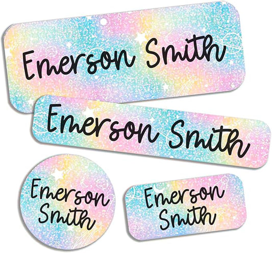 COACO Personalized Kids Name Labels, Holographic, 90 Labels (Pastel Tie Dye)