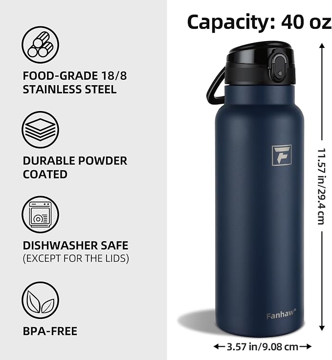 Fanhaw 40 Oz Insulated Stainless Steel Water Bottle with Chug Lid – Wide Mouth, Leak-Proof, BPA-Free – Ideal for Kids, Adults, Sports, Gym, and Outdoor Use (Navy Blue)