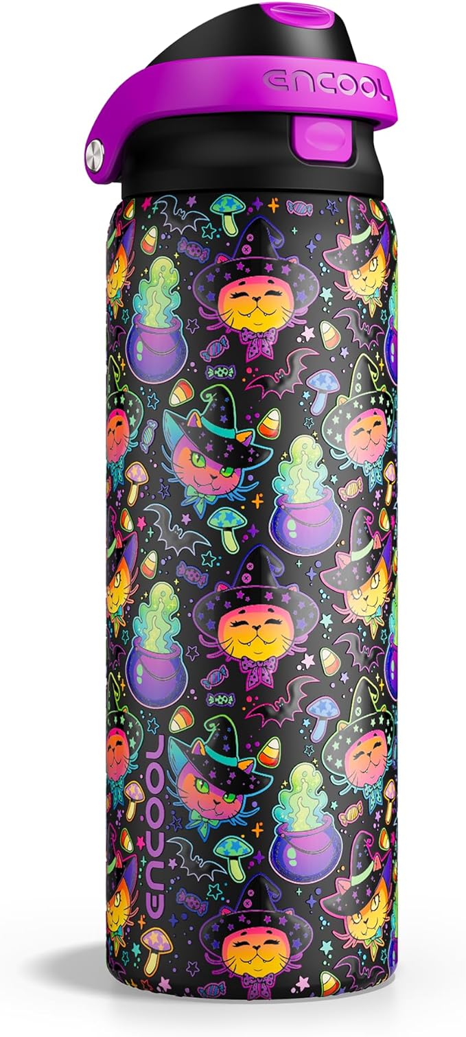 Encool SwiftSip Insulated Stainless Steel Water Bottle with Straw - Leak Proof Sports Water Bottle for School, Travel, Keeps Cold All Day, One-Touch Flip Lid, BPA-Free, 32 oz, Meowgic Night