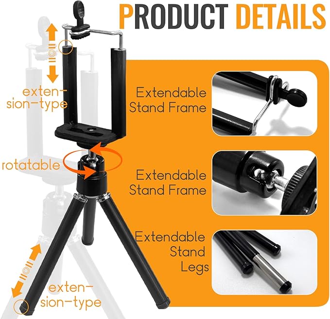 Mini Portble Extendable Phone Tripod Stand with Clip, 360° Ball Head Desktop Tripod Compatible with All Cellphone Mini Camera for Vlogging, Travel, Video Recording (Black)