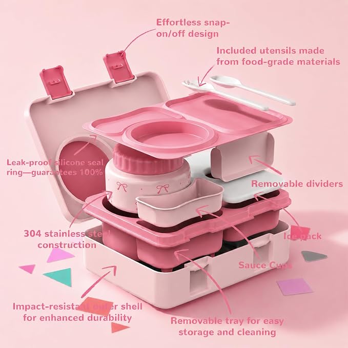 Kids Insulated Lunch Box with 8OZ Thermo Food Jar | Leakproof Bento Box with Ice Pack Sauce Cup Utensils Removable Tray & Dividers for School Daycare Travel, Bows