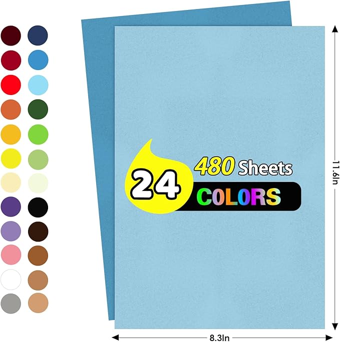 480 Sheets Colored Cardstock Paper Bulk, 24 Colors Card Stock 160 GSM 60 Lb Colored Paper, 8.5×11 Color Cardstock for Printing Scrapbook Creative DIY