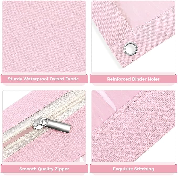 SKYDUE Pencil Pouch for 3 Ring Binder, 9.8" x 7.3" Clear Window Pencil Bag | Zipper Pencil Pouches for Girls Boys, Pink Pencil Pouch with 3 Reinforced Grommets, Durable Organizer for School Supplies