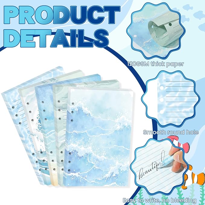 100 Sheets Ocean Waves A5 Planner Inserts - 120GSM Thick Blue Sea Refill Paper for A5 6-Ring Binder, Watercolor 6 Hole Loose Leaf Sheets for Journal Diary Notebook Budget Creative Planning