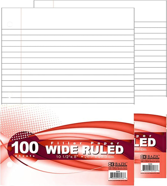 BAZIC Products Filler Paper Loose Leaf Papers 100 ?Sheet, Wide Ruled 3 Hole Punched for Ring Binders, for Office School Student Writing, 2-Pack