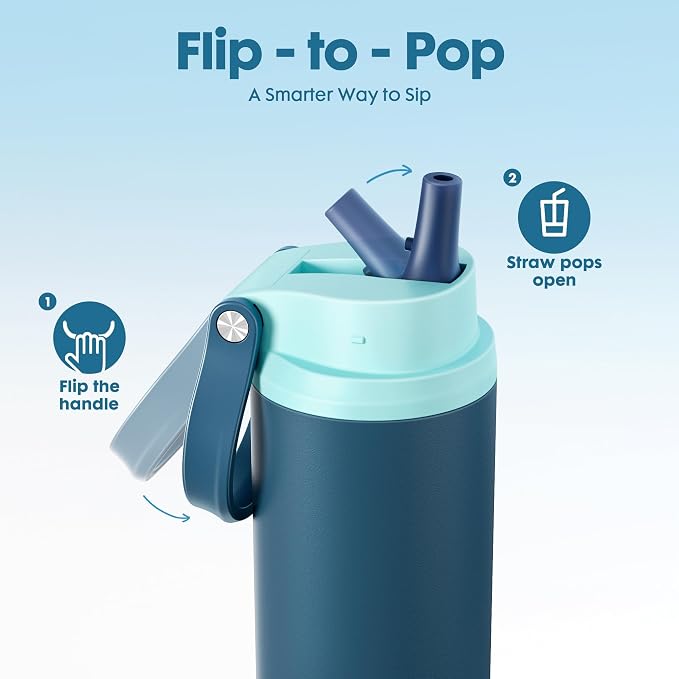 Meoky 24 oz Insulated Stainless Steel Water Bottle: Flip-to-Pop Straw, Leak Proof, 24H Cold, Wide Mouth, BPA-Free, Non-slip Base, Gym Water Bottle for Men Teen Boys, Denim