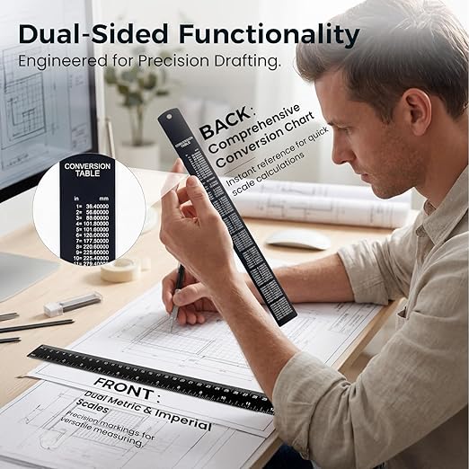 Rena Chris 2Pcs Architectural Scale Ruler, Triangular Scale & Straight Ruler, 12 Inch Aluminum Drafting Ruler Set, Laser Etched, Smooth Non-Sharp Edges, Lightweight, Inch MM Conversion for Architectur