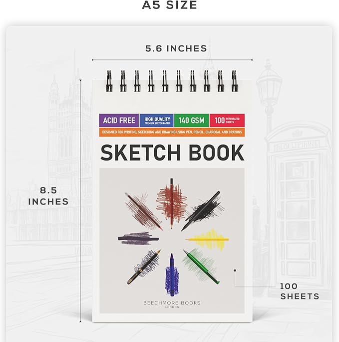 BEECHMORE BOOKS 5.6"x8.5" Spiral Sketchbook – 140 GSM Acid-Free Paper, 100 Perforated Pages, A5 Art Sketch Pad for Drawing & Sketching, Artists, Adults