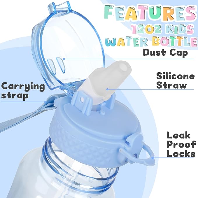 OLDLEY 12oz Kids Water Bottle, Tritan BPA-Free, Leakproof Flip Straw Lid, Motivational Time Marker, Carry Strap, Reusable Clear Water Bottle for Boys & Girls,Baby Blue