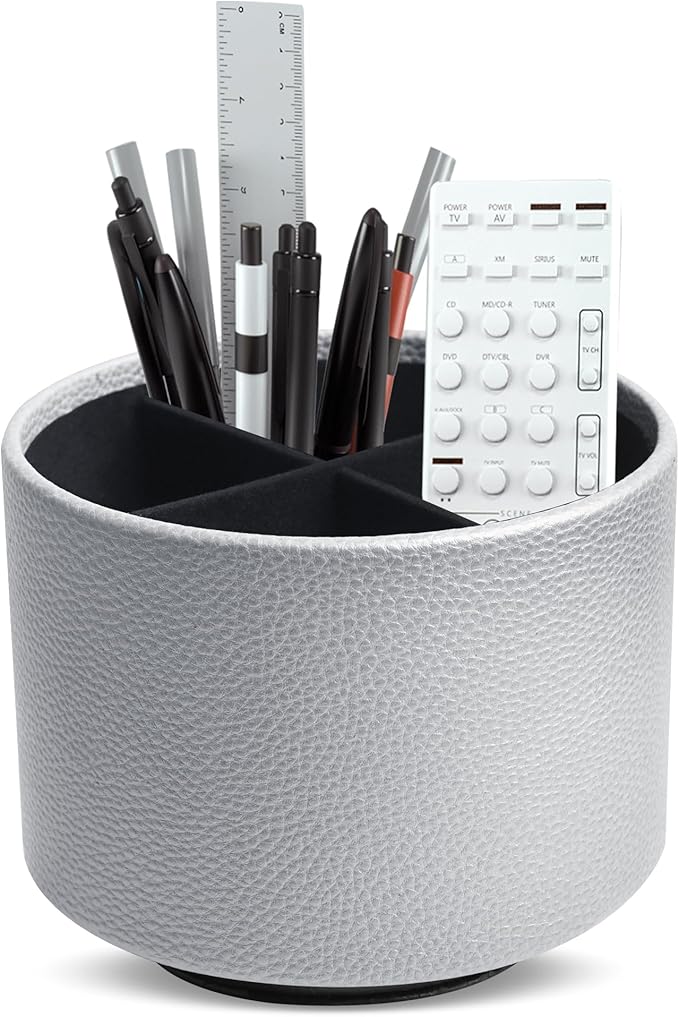 Round Leather Art Supply Organizer,Remote Control Holder,360 Degree Spinning,Multi-Functional Pencil Holder,4 Compartments Desktop Stationary Organizer(1-Lichee Silver)