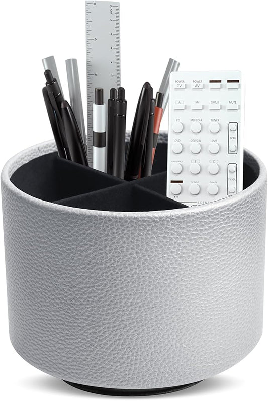 Round Leather Art Supply Organizer,Remote Control Holder,360 Degree Spinning,Multi-Functional Pencil Holder,4 Compartments Desktop Stationary Organizer(1-Lichee Silver)