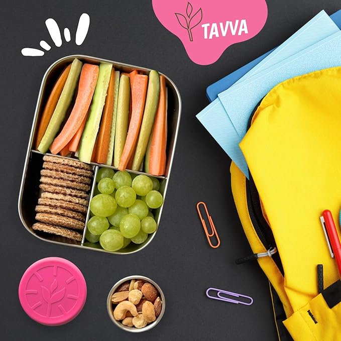 TAVVA 2-Container Lunch System Ages 6-9 - 27oz Organized Stainless Steel Bento Box for Kids with 100% Steel Lid (Dry Foods) + 1.7 Sealed Cup (All Wet Items) - Easy-Clean Design - Dishwasher Safe
