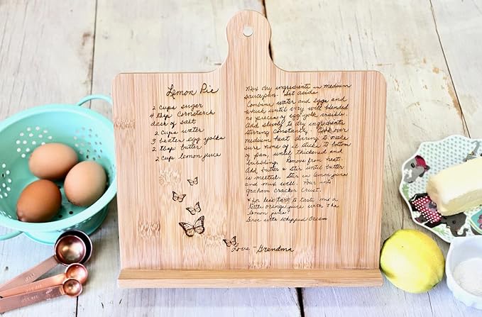 PERSONALIZED Bamboo Book Stand, Cookbook Holder Book Holder Foldable Wooden Cooking Bookstand for Textbook, Recipe, Music Books, Tablet, iPad Stand (Horizontal 10.25x10.5, Design 9 Custom Recipe)