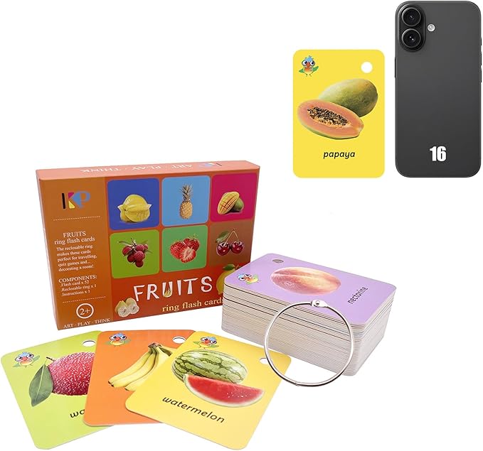 52 Pcs Kids Fruit Flash Cards Gift for Toddler Sight Words with Pictures Preschool Flash Cards Kindergarten Learning Activities with Rings (Fruit)
