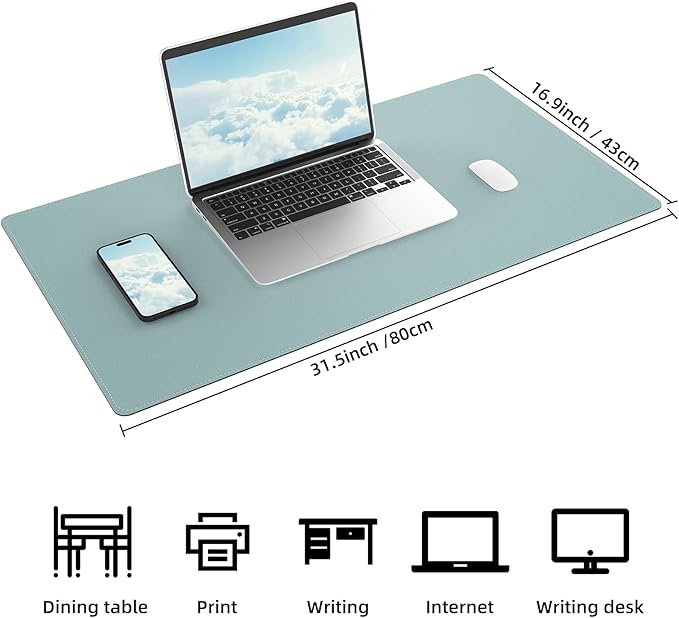 AFIING Cork Desk Mat 31.5" x 17", Waterproof Dual-Sided Cork & PU Leather Desk Pad, Non-Slip Desk Protector for Home Office, Workspace Setup & Gaming, Light Blue