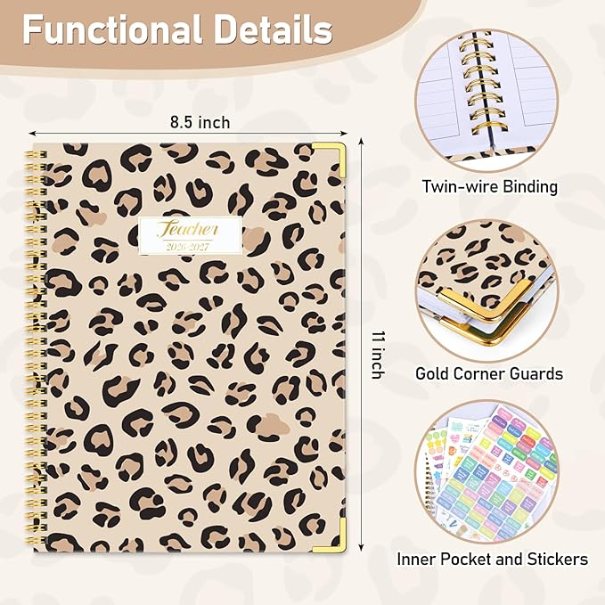 Teacher Planner 2026-2027, Jul 2026-Jun 2027 Academic Year, 8.5" x 11" Lesson Planner Book for Teacher Calendar, Spiral Bound Planners, Colorful Monthly Tabs, Planning Stickers, Leopard
