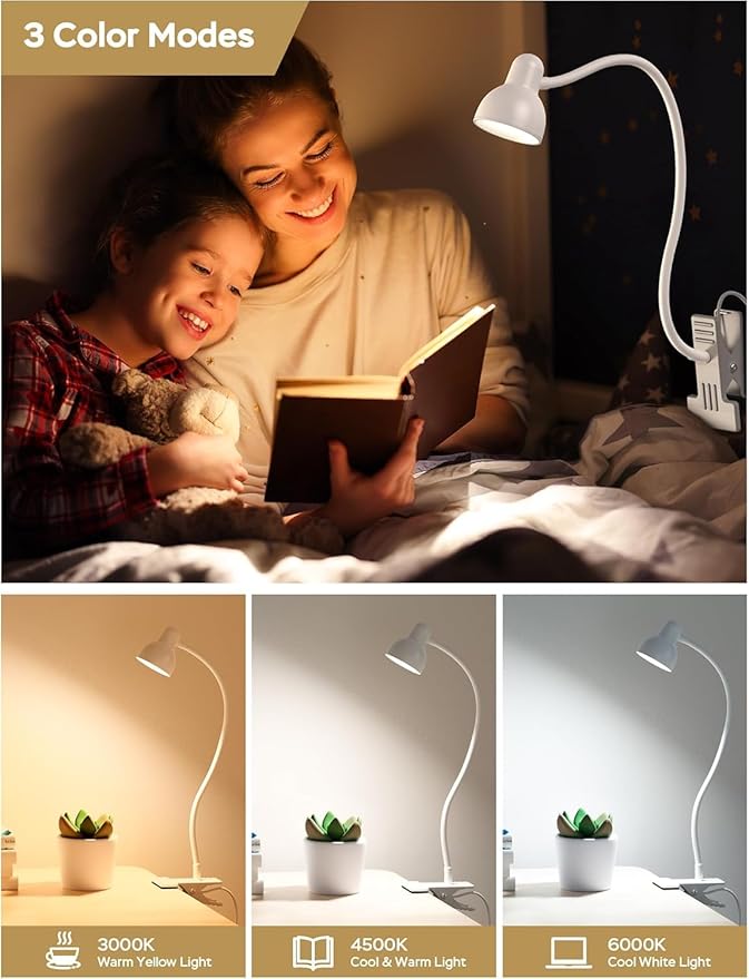 Clip on Lamp USB Reading Light, 3 Color Modes, 10 Brightness Dimmable, 360° Flexible Desk Lamp with Clamp, Eye Care Clip on Light for Bed Desk Headboard Home Dorm White