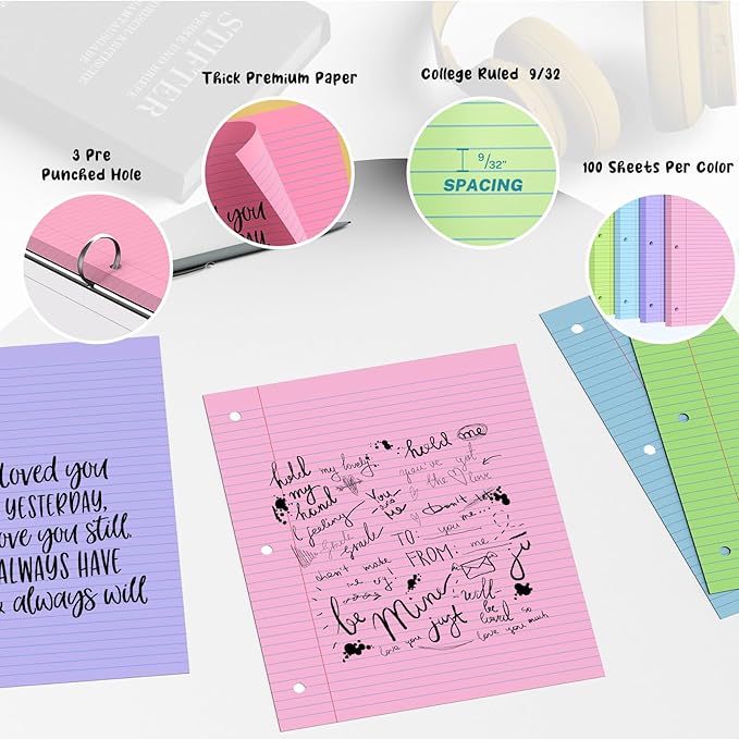 400 Sheets Pastel Colored Filler Paper Set, College Ruled, 8" x 10.5" Three-Hole Punched, Compatible with 3-Ring Binders, Includes Pink, Purple, Blue, Green