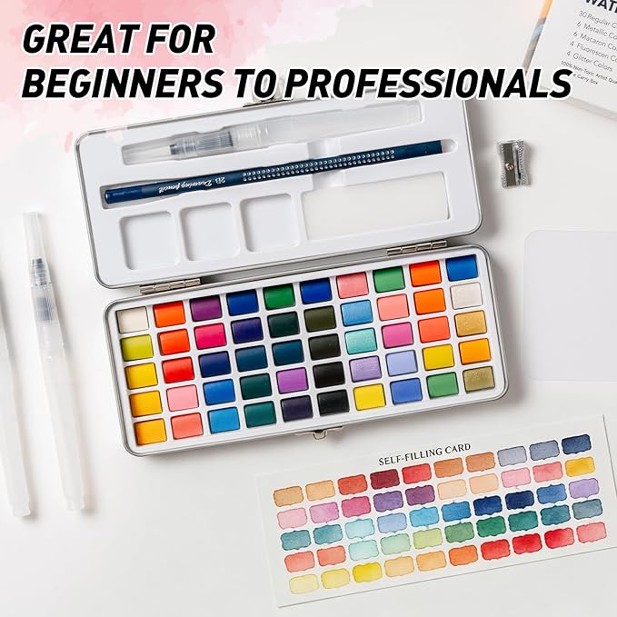 TERSOLVIAN 50 Colors Watercolor Paint Set - Portable Travel Art Kit, Includes Fine Detail Paint Brush, Premium Water Color Painting Supplies for Adults, Professionals, and Beginners Art Gift Idea