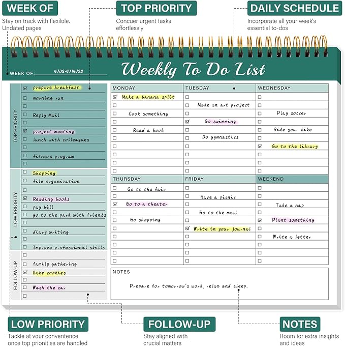 Weekly To Do List Notepad with 52 Undated Sheets（8.5"×11"）- Weekly Desk Planner Pad with Spiral Binding for Women & Man, Office, School and Home Personal Organizer
