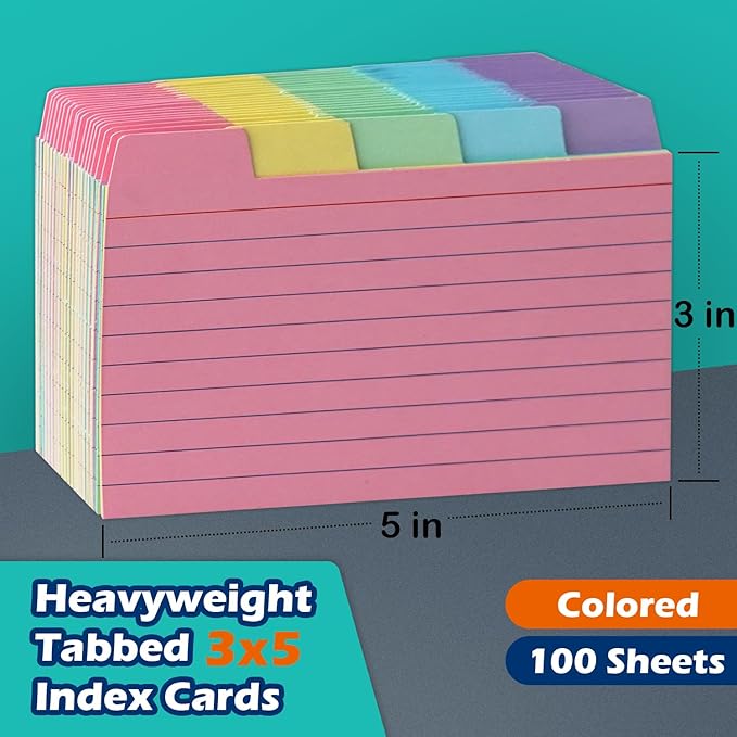 100 Pack Tabbed Index Cards 3x5 Lined Index Card Dividers with Tabs 3" x 5", Colored, 220 GSM Thick Paper