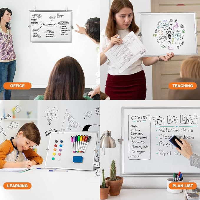 Dry Erase White Board, 16 x 12 inch Double-Sided Desktop Whiteboard with Stand, 10 Markers, 10 Magnets and 1 Eraser, Portable Double-Sided Dry Erase Board for Drawing, School, Office and List Wall