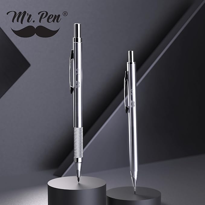 Mr. Pen- Metal Mechanical Pencil in Leather Case, 5 Pack, 5 Sizes, 0.3, 0.5, 0.7, 0.9 & 2mm, 6x Tubes Lead Refill, Erasers & Sharpener for School Supplies, Note Taking, Drawing, Sketching, Office