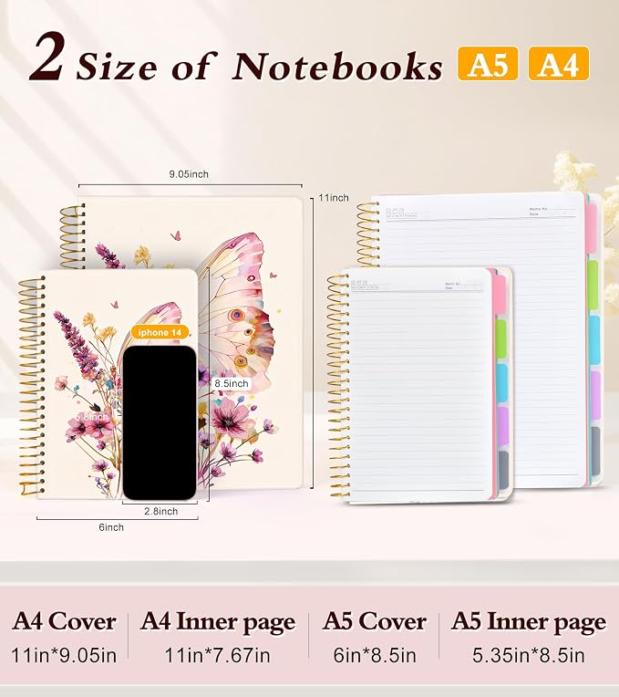 5 Subject Notebook College Ruled 240 Pages, A5(5.8"x8.3") Hardcover Spiral Notebook with Removable Dividers Tabs, Lined Spiral Journal Notebook for Women, Notebooks for Work School，ButterflyBouquet