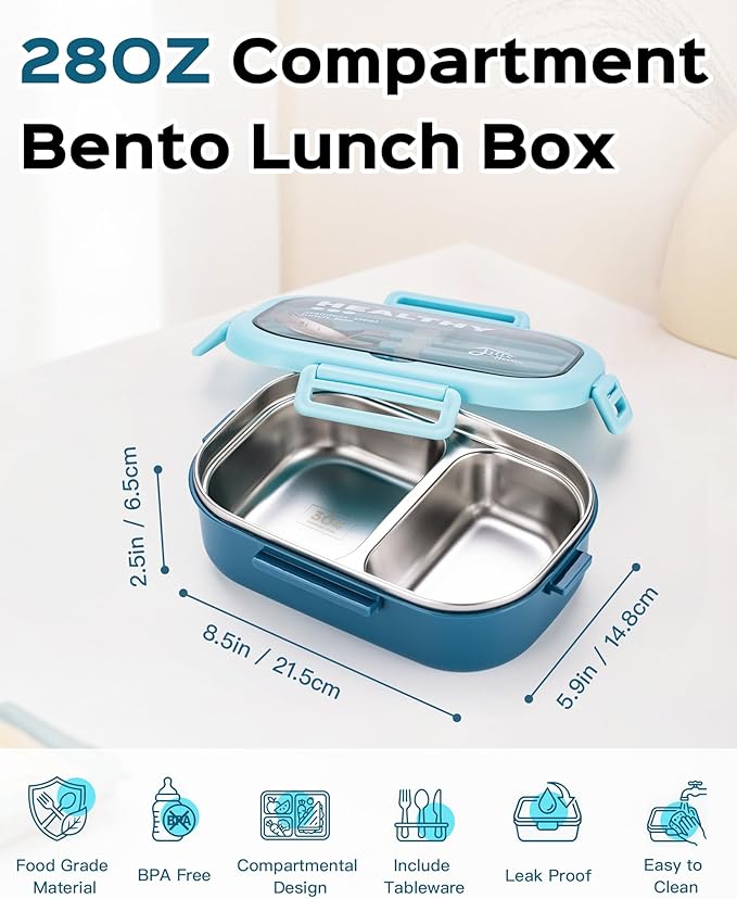 Lille Home 28oz Stainless Steel Leakproof 2-Compartment Bento Lunch Box/Portion Control Food Container with Lunch Bag and Cutlery Set, BPA Free (Light Blue)