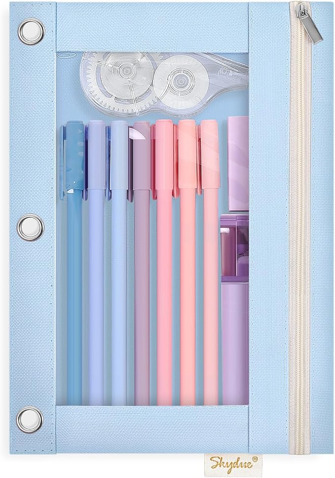 SKYDUE Pencil Pouch for 3 Ring Binder, 9.8" x 7.3" Clear Window Pencil Bag | Zipper Pencil Pouches for Girls Boys, Pencil Pouch with 3 Reinforced Grommets, Durable Organizer for School Supplies