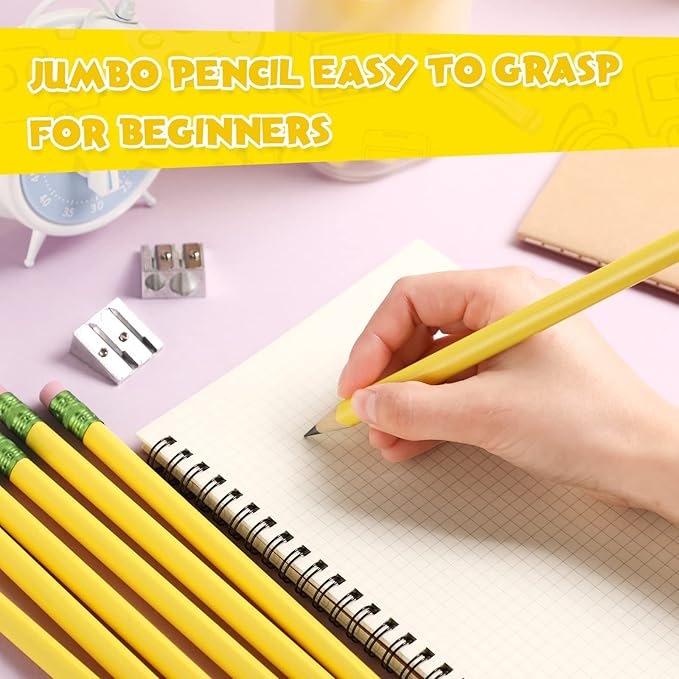 Fainne 102 Pieces Jumbo Pencils Set for Kids Toddlers 96 Thick Fat Large Pencils with Erasers 6 Sharpeners Bulk for Preschool Kindergarten Elementary School Classroom(Yellow,Round)