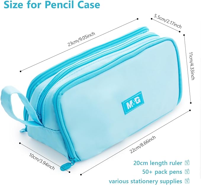 M&G Large Pencil Case, Big Capacity Pencil Pouch with 3-layer Compartment, Portable Handheld Pencil Bag, Cute School Stationery Organizer for Boys Girls Men Women, Ideal for Office School,Blue