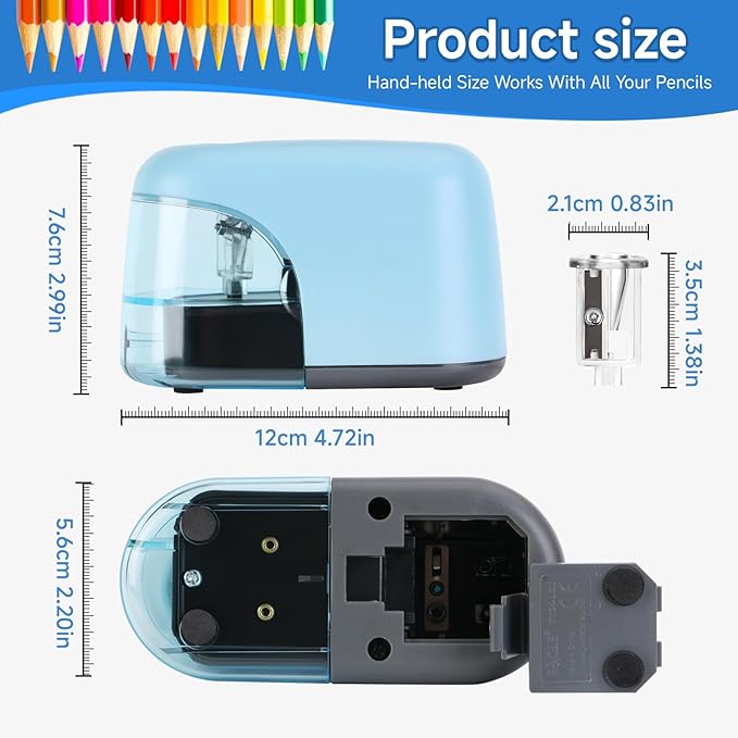 Battery-Operated Electric Pencil Sharpener with LED Light – Compact & Portable Pencil Sharpener for Home, School, or Office Use (Blue)