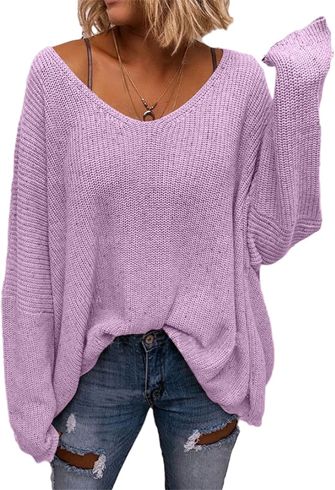 BZB Women's V Neck Long Sleeve Knit Loose Oversized Pullover Sweater Top