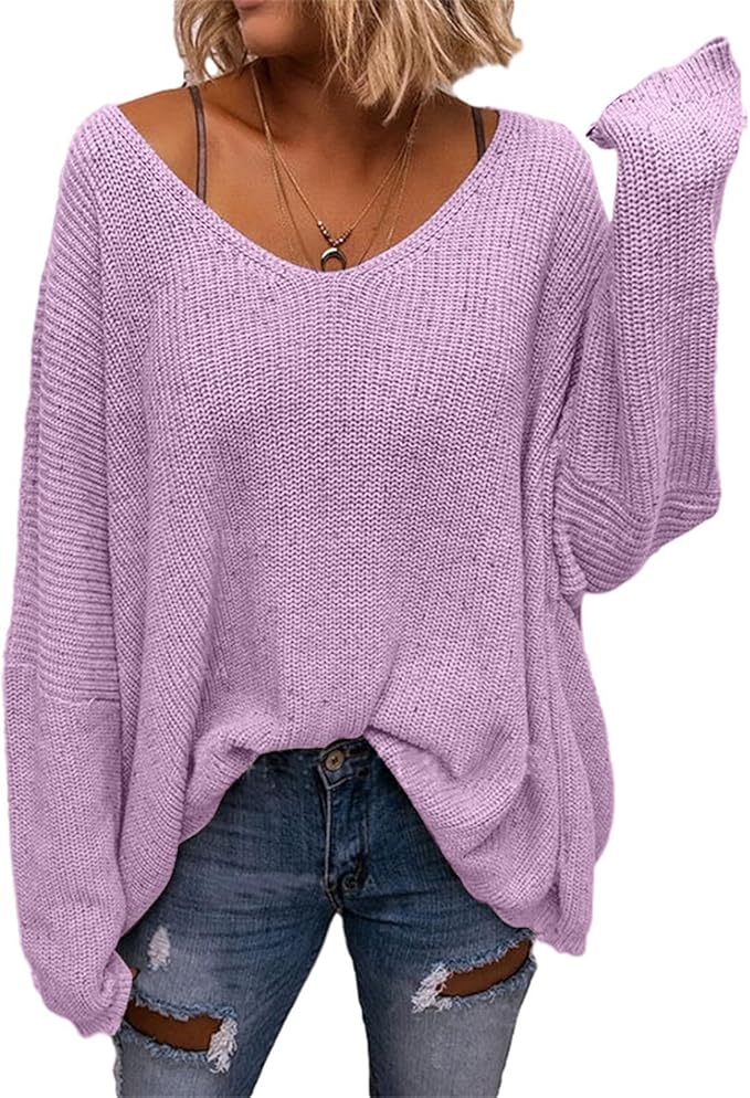 BZB Women's V Neck Long Sleeve Knit Loose Oversized Pullover Sweater Top