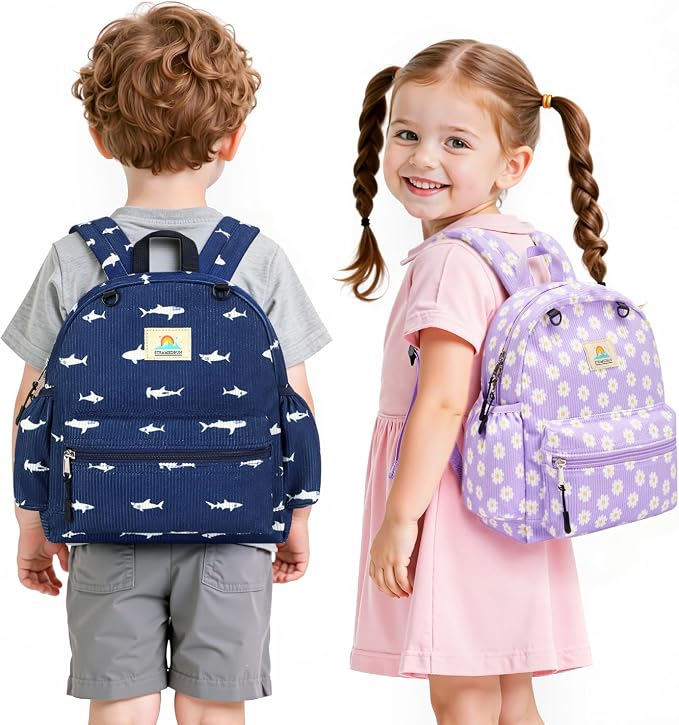 STEAMEDBUN Corduroy Toddler Backpack for Girls 2-4: Kids backpack for Boys Girls - 12 inch Preschool Kindergarten Backpacks - Blue Shark