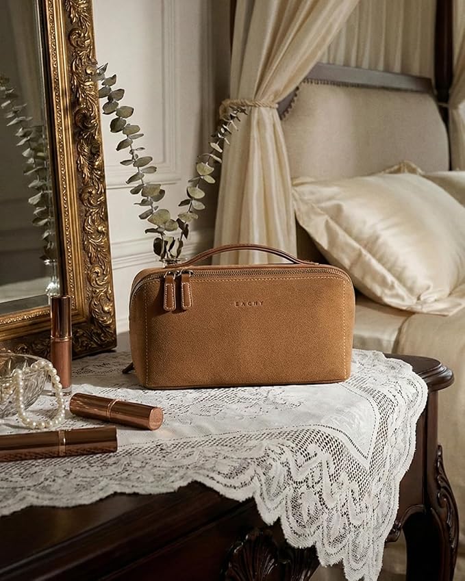 EACHY Travel Makeup Bag, Large Capacity Cosmetic Bag for Women, Waterproof PU Leather, Flat Open Portable Toiletry Bag for Skincare, Brushes & Travel Essentials