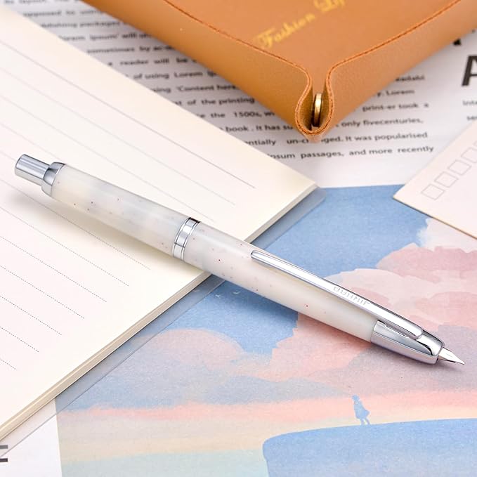 Jinhao 20 Press Fountain Pen, Snow White Retractable Fine Nib with Ink Converter Set (Silver Clip)