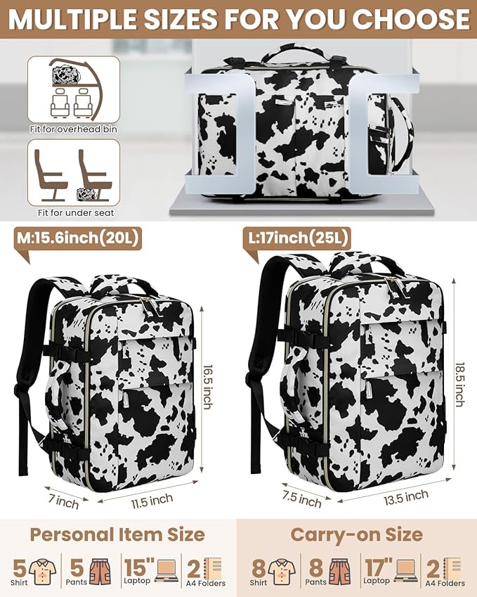 Pritent Travel Backpack for Women Man, Waterproof Personal Item Travel Bag Airline Approved Laptop Backpack Bookbag Weekender bags for Business,Travel, Work Fits 15.6 inch Laptop(Medium,Cowprint)